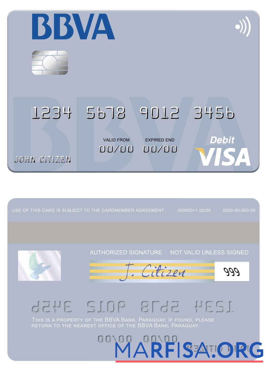 Printable Paraguay Banco BBVA Bank visa debit card sample